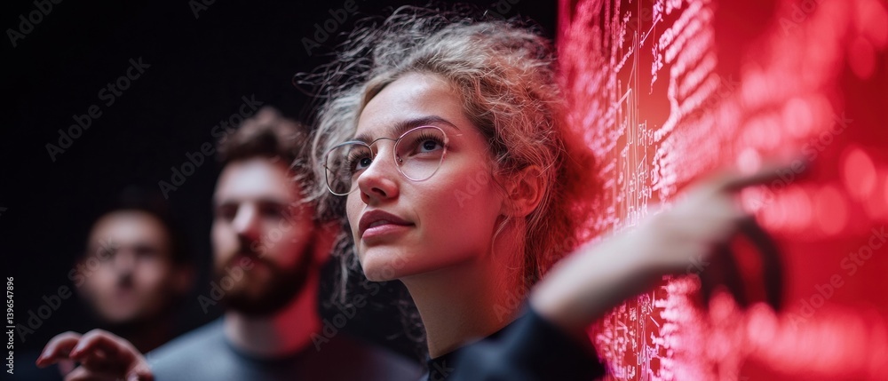Aufkleber Immersive Tech Innovation Gen Z Professional Analyzing Complex Data Visualization in High-Contrast Urban Creative Environment, Pioneering Analytical Intelligence