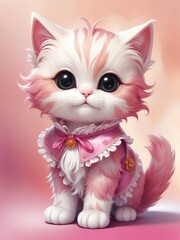 Cute pink and white kitten wearing dress on pastel background