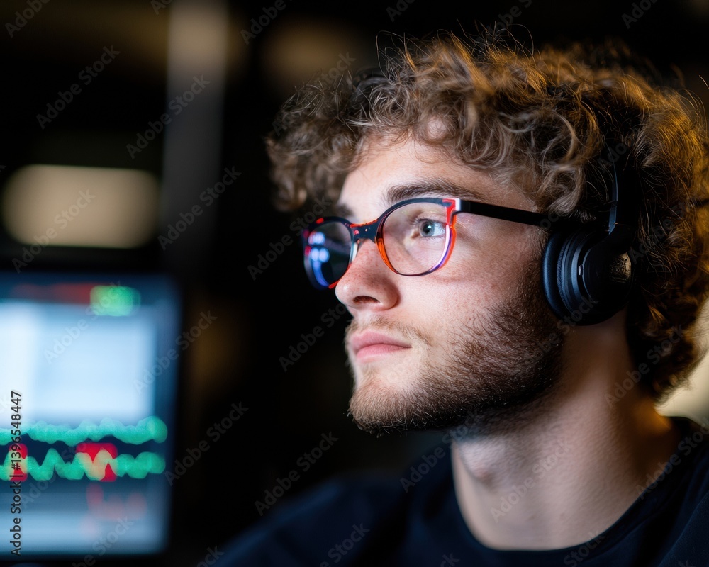 Poster Immersive Tech Focus Millennial Professional in Dynamic Neurotech Workspace - Cutting-Edge Audio and Data Visualization for Peak Performance Optimization