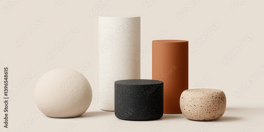 Poster a minimalist arrangement of geometric shapes in various materials and colors, showcasing modern desi