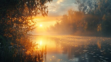 A serene river scene at sunrise, surrounded by trees, with mist rising and reflections shimmering on the water's surface.