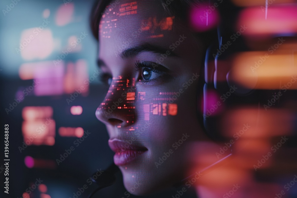 Poster Cybernetic Future Persona Immersive AI Interaction with Holographic Data Visualization - Next-Gen Digital Transformation and Intelligent User Experience Design