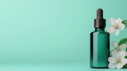 Naklejka premium Green Glass Dropper Bottle with White Blossoms on Mint Background Beauty Product Mockup