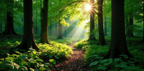 Sun-dappled forest floor, German woodland aerial, drone, vibrant, foliage