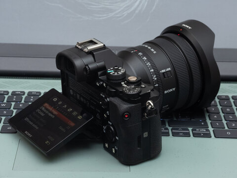 Zapopan Jalisco, Mexico - April 9, 2025: Sony a7 full frame mirrorless camera with zoom lens