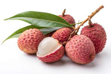 Fresh lychee fruits picked in summer isolated on white. Freshly harvested lychee fruits with vibrant pink skin, ready to be enjoyed, perfect for tropical and healthy food photography