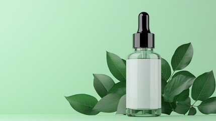 Natural Skincare Serum Bottle Mockup with Green Leaves Eco Friendly Product Packaging Design