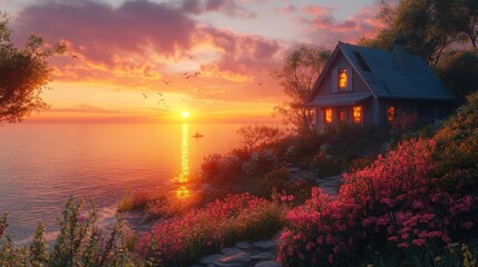 A serene sunset view of a cozy house by the water, surrounded by vibrant flowers and a tranquil atmosphere, creating a peaceful retreat.