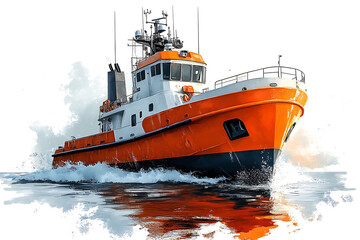 Bold Orange And White Tugboat Cruising On The Water Surface Illustration