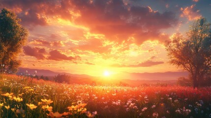Fototapeta premium A breathtaking sunset illuminates a vibrant flower meadow, with clouds reflecting warm hues, creating a serene and picturesque landscape.