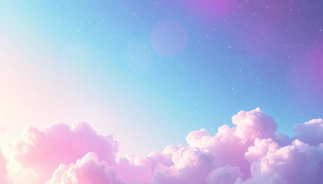 Pastel rainbow holographic sky, fluffy clouds, sparkling stars, candy-colored abstract pattern, glitter, shiny