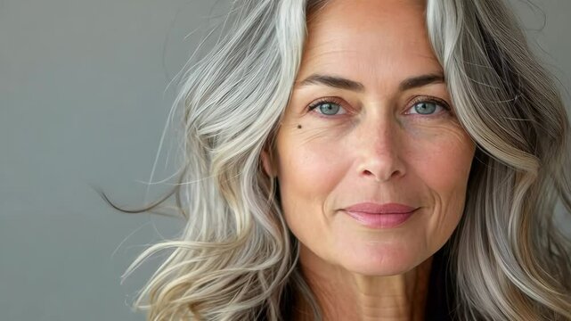 portrait of 60 yo Caucasian woman with long blonde hair on light gray background with copy space.