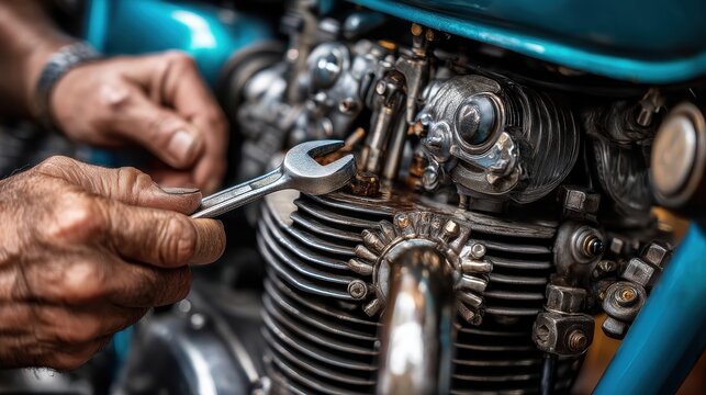 A mechanic working on a motorcycle engine using a wrench, showcasing detailed craftsmanship and the intricacies of motorcycle maintenance.