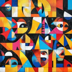 Fototapeta premium Abstract geometric shapes create a colorful and dynamic pattern on a dark background.