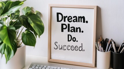 Desk setup with Dream. Plan. Do. Succeed. framed quote and office items, tidy and motivating