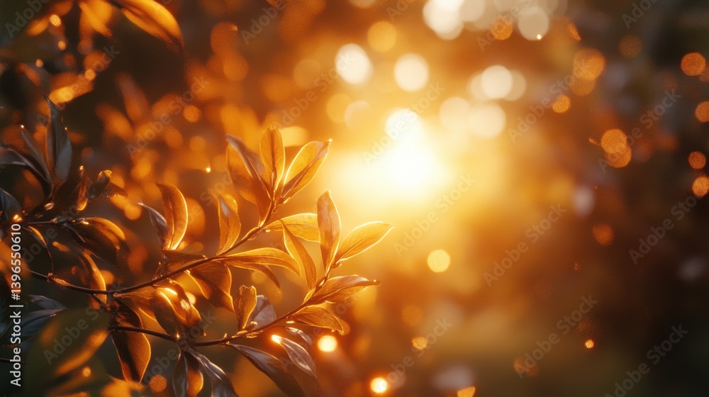 Poster a close-up of leaves bathed in warm sunlight, creating a serene atmosphere with a shimmering bokeh e