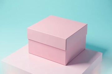 Fototapeta premium Pink minimalist box on pastel blue background, elegant packaging design, box, elegant, pastel