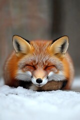 Obraz premium Urban Wildlife Resilience Serene Red Fox Resting on Snowscaped Street - Eco-Conscious Documentary Capturing Natures Adaptive Survival Strategies