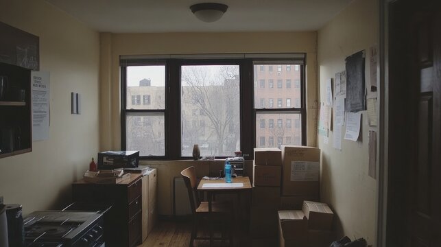 Empty apartment with boxes and eviction notice on door, economic hardship interior, no one present