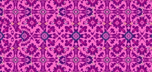 Pink & purple Balkan-inspired seamless pattern Repetitive folk motifs blend Polish & Hungarian influences, seamless pattern, repeat