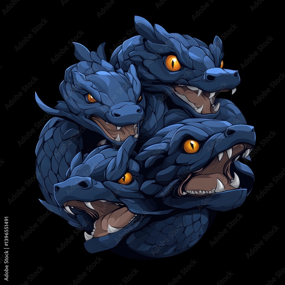 Poster magnificent hydra emblem showcasing powerful heads in angular low-poly design with sleek outlines