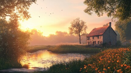 Fototapeta premium A serene landscape featuring a quaint stone cottage by a tranquil pond, surrounded by vibrant flowers and lush greenery at sunrise.
