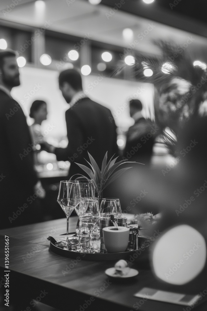 Poster Dynamic Professional Networking Atmospheric Black and White Corporate Event Scene with Elegant Glassware and Soft Bokeh Lighting - Innovative Business Connection Moments
