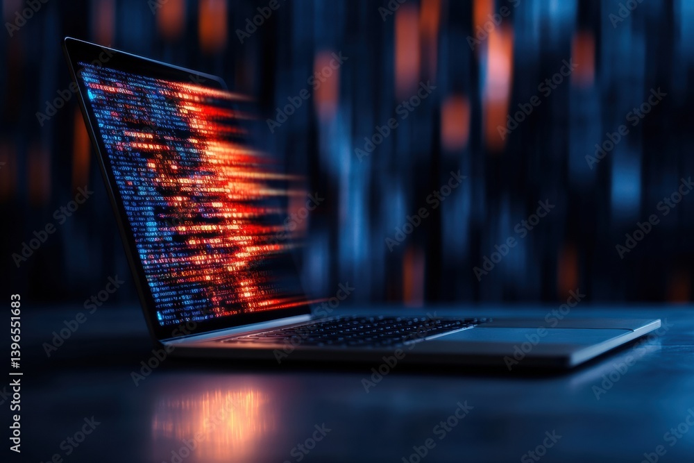 Aufkleber Digital Dynamics Cyber-Responsive Laptop Interface Revealing Cutting-Edge Code Visualization in Immersive Tech Ecosystem - Next-Gen Programming Innovation
