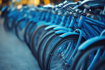 Fototapeta premium Row of blue bikes parked on sidewalk, with vibrant city buildings in the background, under a clear blue sky.