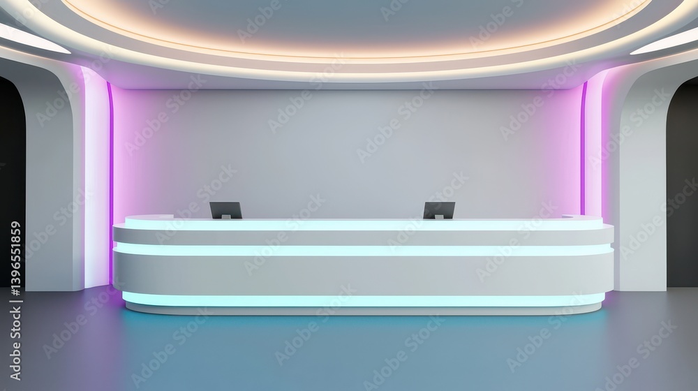 Poster a modern, minimalist reception area featuring a sleek front desk illuminated by soft, colorful light