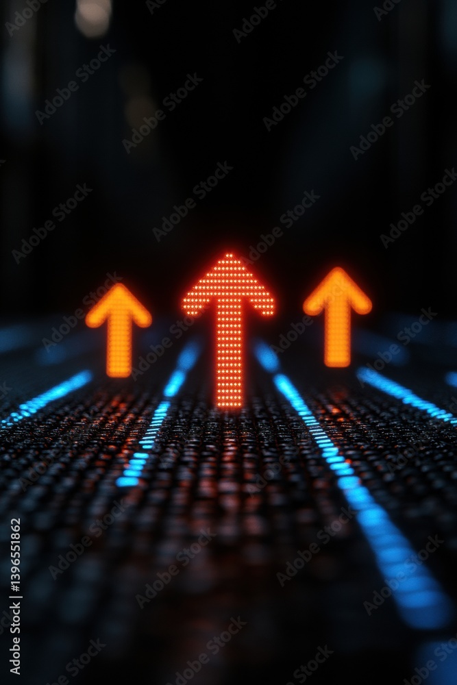 Poster Futuristic Investment Performance Dynamic Digital Growth Visualization with Illuminated Upward Arrows - Next-Gen Financial Analytics and Market Momentum Insights