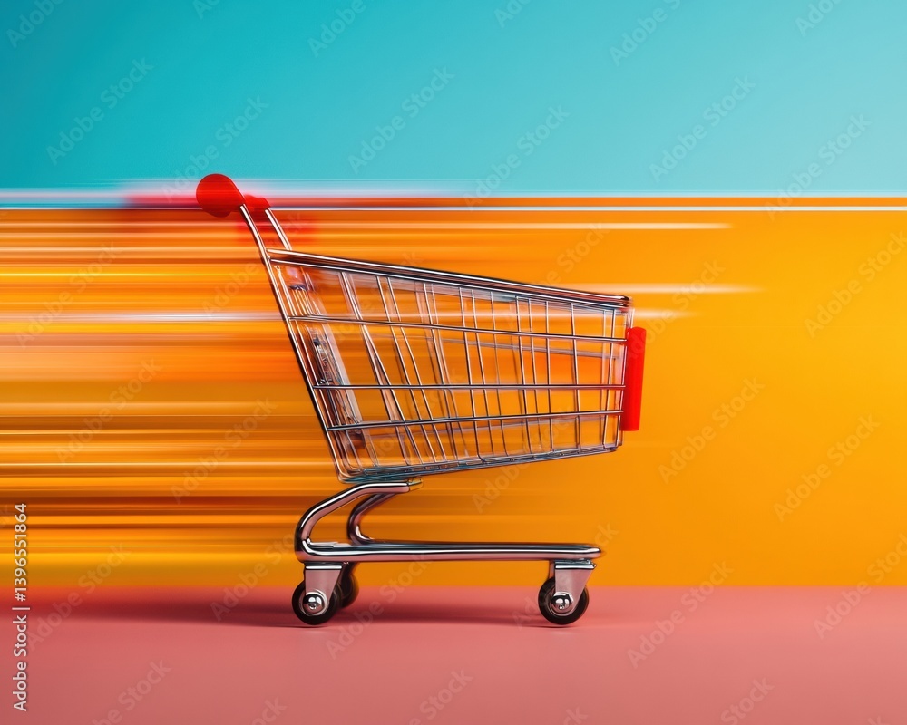 Poster Hyper-Velocity E-Commerce Dynamics Next-Gen Retail Acceleration Visualization with Minimalist Shopping Cart Design and Digital Transformation Impact