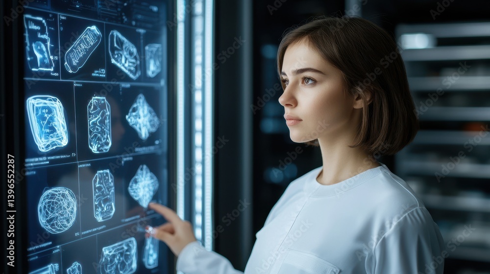 Poster a focused woman examines digital displays of scientific data in a high-tech lab setting.