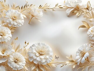 White and gold floral frame in elegant paper art style