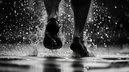 Dynamic black and white shot of feet splashing through a puddle, capturing movement and energy