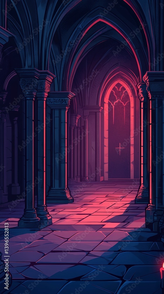 Poster dark gothic architecture with arches and pillars illuminated by red and purple light.