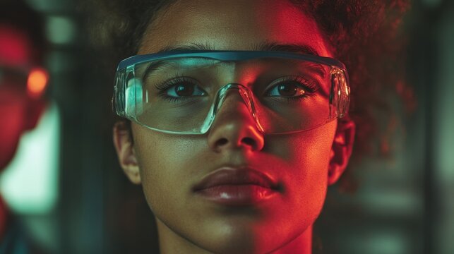 Cyberpunk Safety Tech Gen Z Industrial Trainee in High-Performance Protective Eyewear, Illuminating Emerging Manufacturing Skills and Futuristic Workplace Innovation