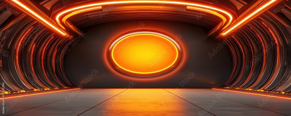 Poster a futuristic space featuring glowing orange lights and a circular portal against a dark background, 