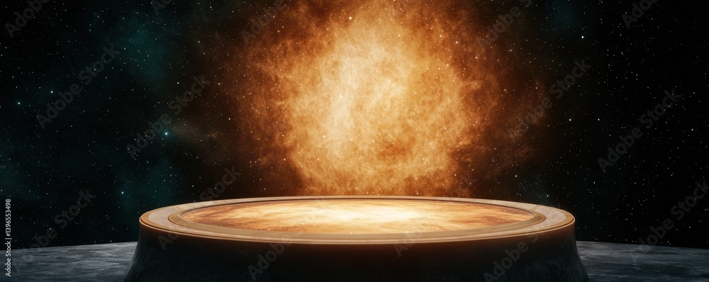 Poster a glowing orb of fiery energy hovers above a circular platform, set against a backdrop of stars, cre