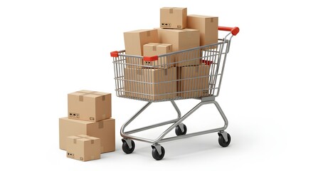 3D Shopping Cart with Piled Cardboard Boxes