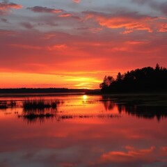 Obraz premium Serene Michigan sunset mirroring fiery hues in still lake waters, colors, image, water