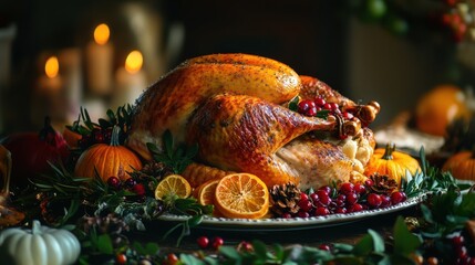A beautifully roasted turkey surrounded by seasonal decorations like pumpkins, herbs, and berries, creating a festive and inviting atmosphere.