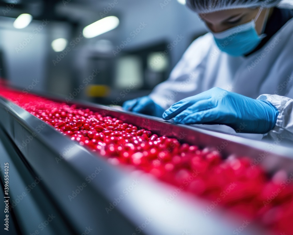 Poster high-tech pharma innovation advanced manufacturing of red capsules with ai-driven quality control, p
