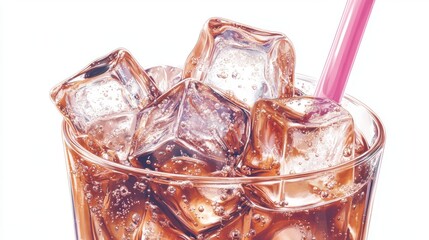 A refreshing beverage in a glass filled with ice cubes and a pink straw, highlighting carbonation and condensation.