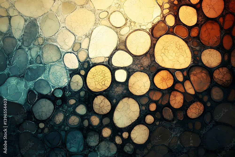 Poster An abstract patterned design of circular shapes in a gradient of colors.