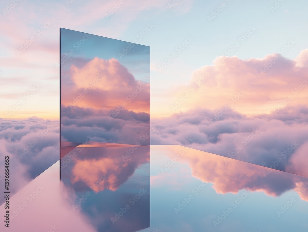 Poster transcendent digital dreamscape reflective architectural surrealism exploring liminal spaces, metave