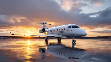 Obraz premium Luxury private jet takeoff airport runway aviation photography sunset sky dynamic perspective luxury travel experience