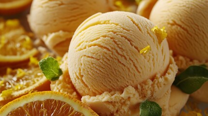 Fresh Orange Sorbet Scoops with Citrus Garnish on a Bright Surface