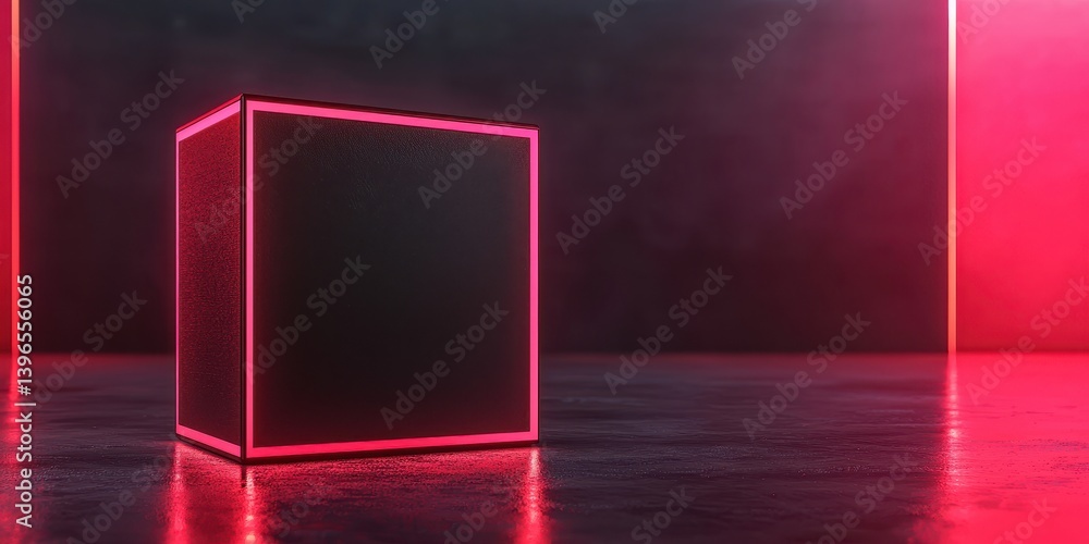 Poster a sleek black cube illuminated with neon pink light, set on a reflective surface, creating a modern 