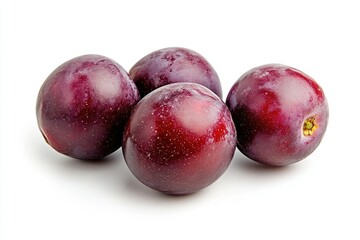 Close-up of Ripe Dark Red Plums in a Group on White